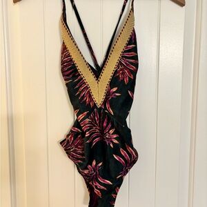 Tropical Black and Pink One-Piece Swimsuit